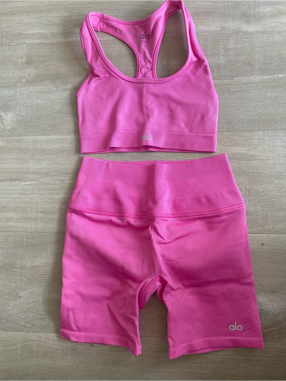 ALO Yoga Barbie Pink Ribbed Sports Bra & Bike Shorts